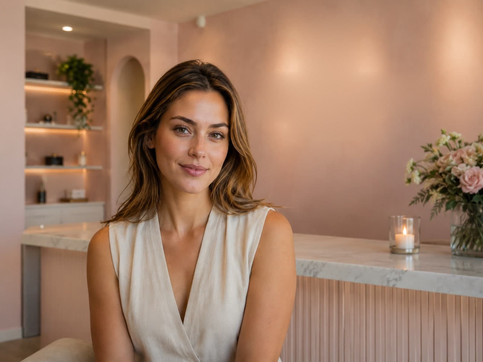 A woman with a natural, refreshed look in a calm, softly lit room